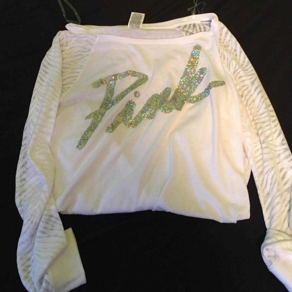 PINK VS Long Sleeve White Zebra Sequin Top (small)